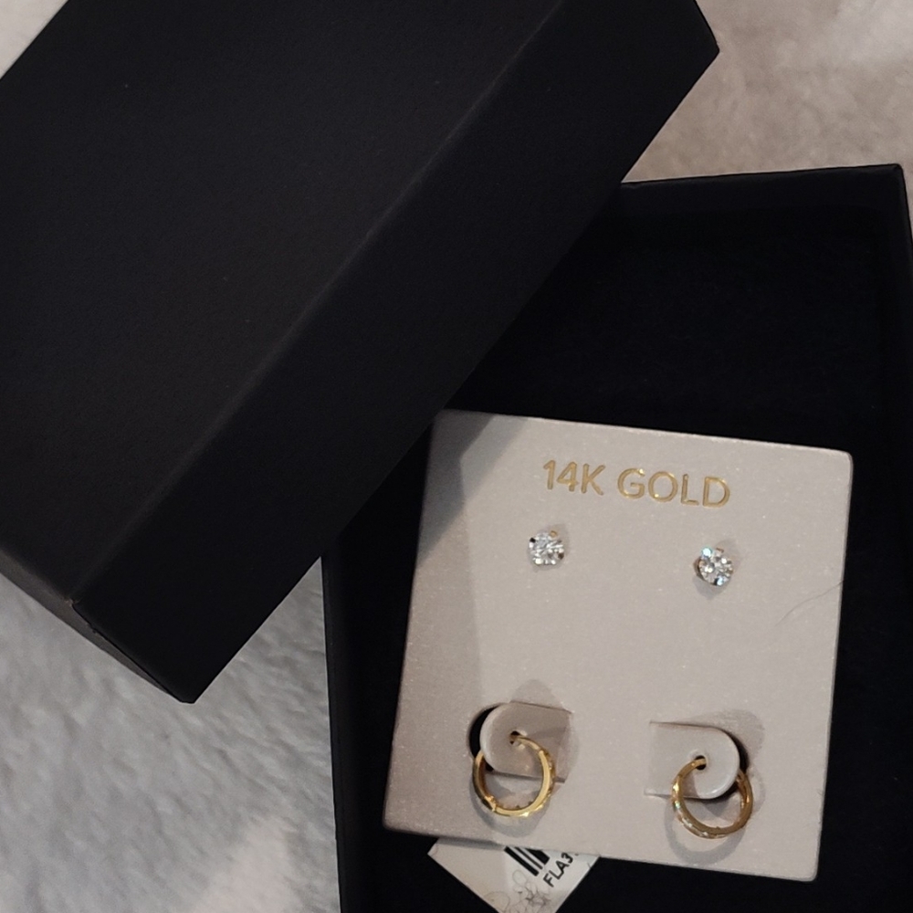 NWT!! 14kt Gold Earrings Set (Studs & Hoops)